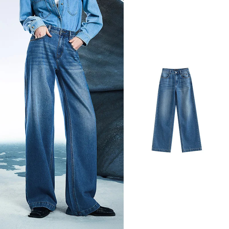 Jean femme taille mi-basse coupe droite large slim fit