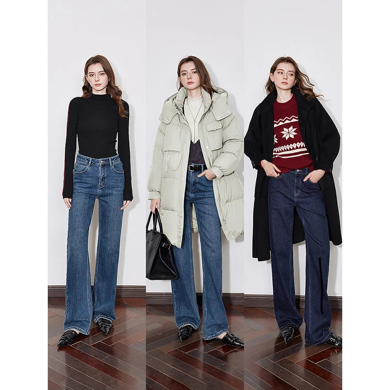 Jean femme doublé chaud taille mi-haute coupe droite large