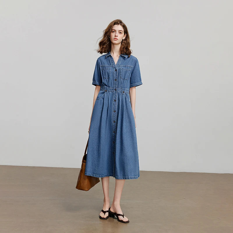 Robe femme mi‑mollet été style office à manches courtes coupe A