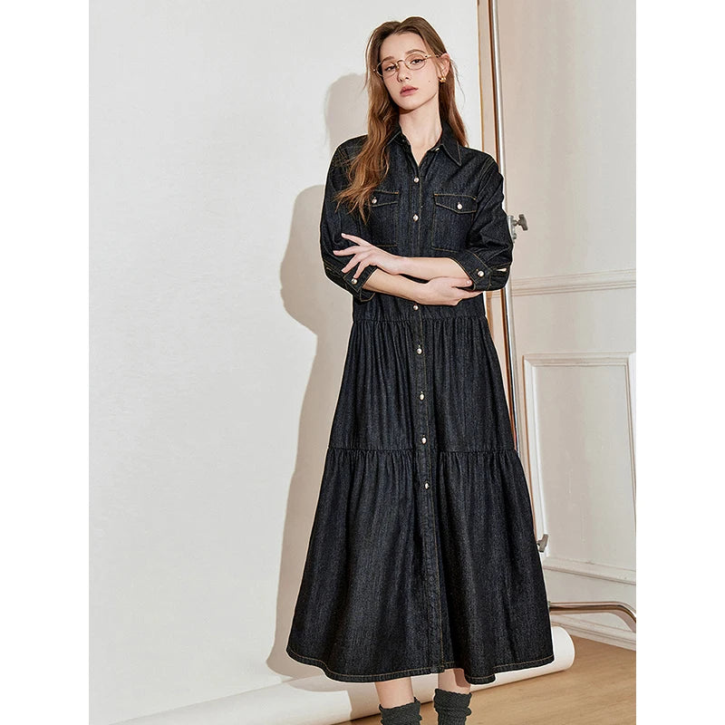 Robe femme mi-mollet été A-Line manches bouffantes col V avec poches