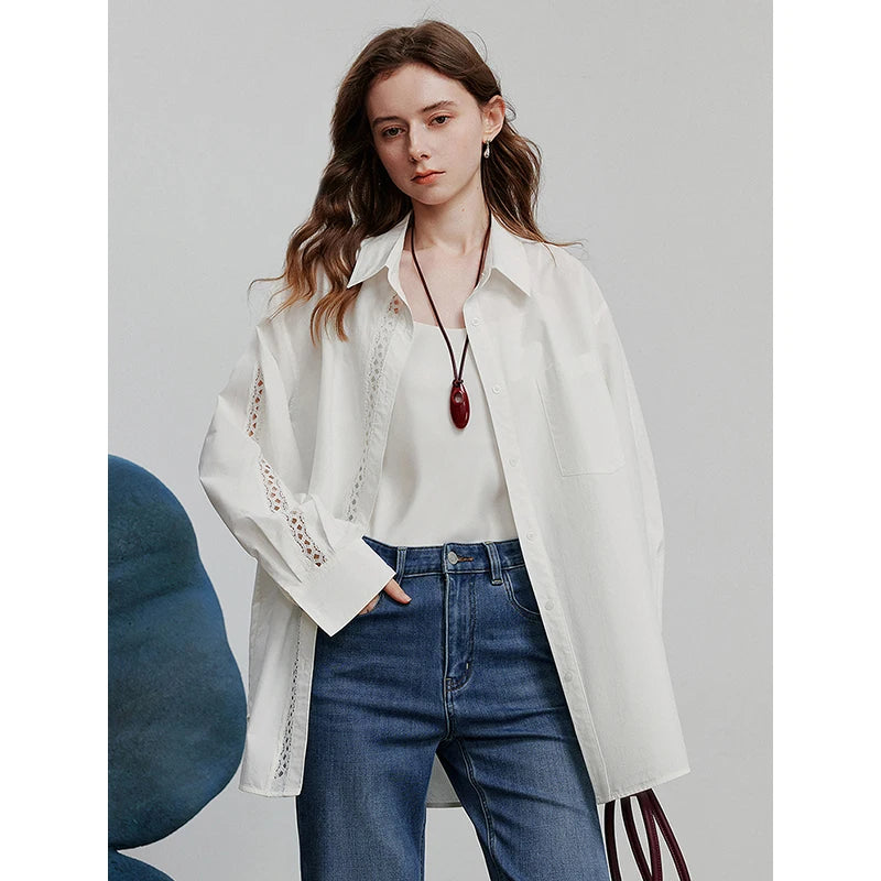 Blouse femme en dentelle ajourée – col chemise, manches longues