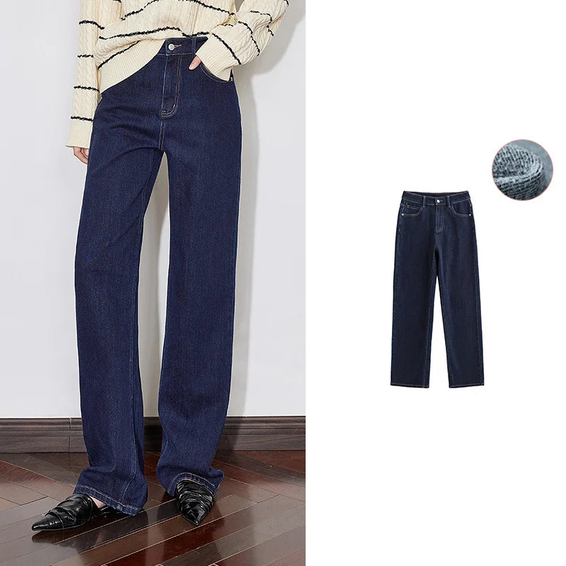 Jean femme doublé chaud taille mi-haute coupe droite large