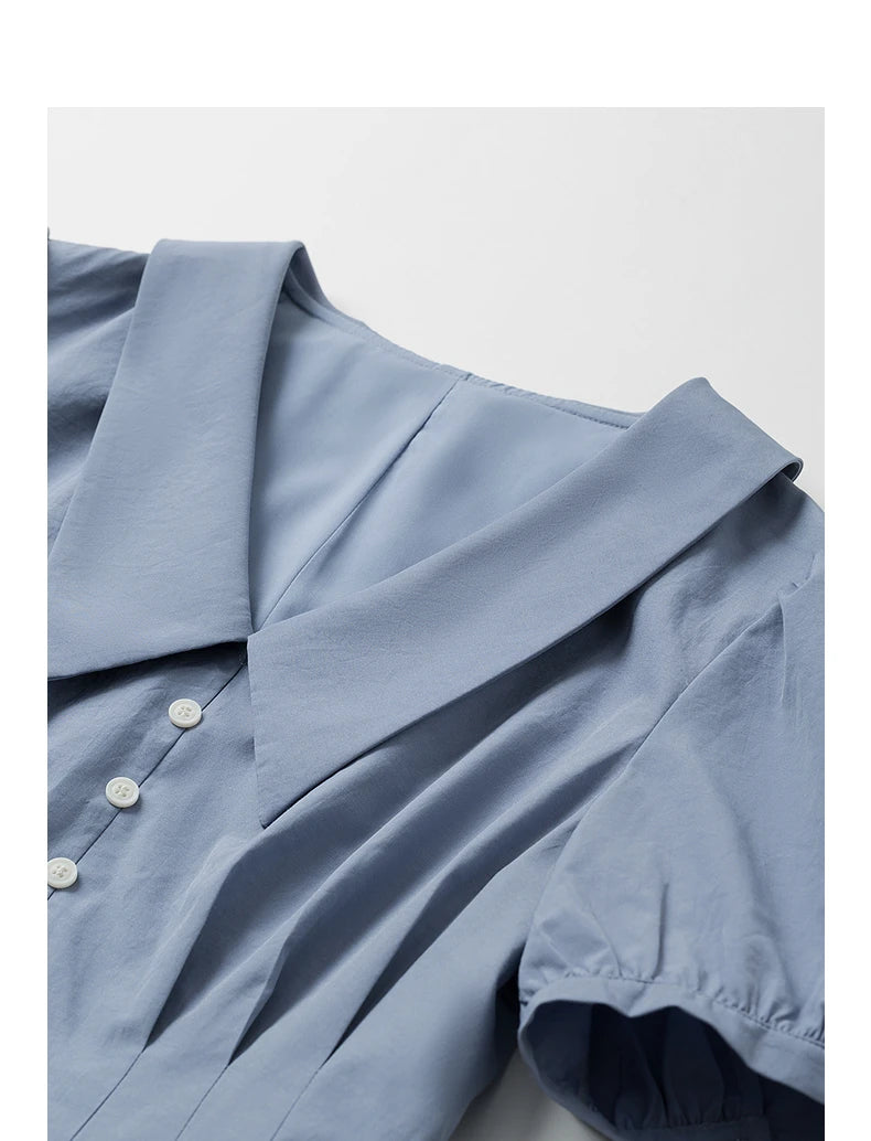 Women's mid-calf summer A-line dress with puff sleeves and Peter Pan collar