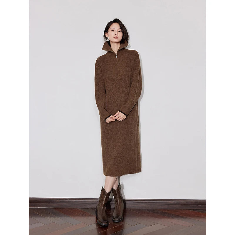 Women's mid-calf winter dress, straight, long sleeves, shirt collar with zipper