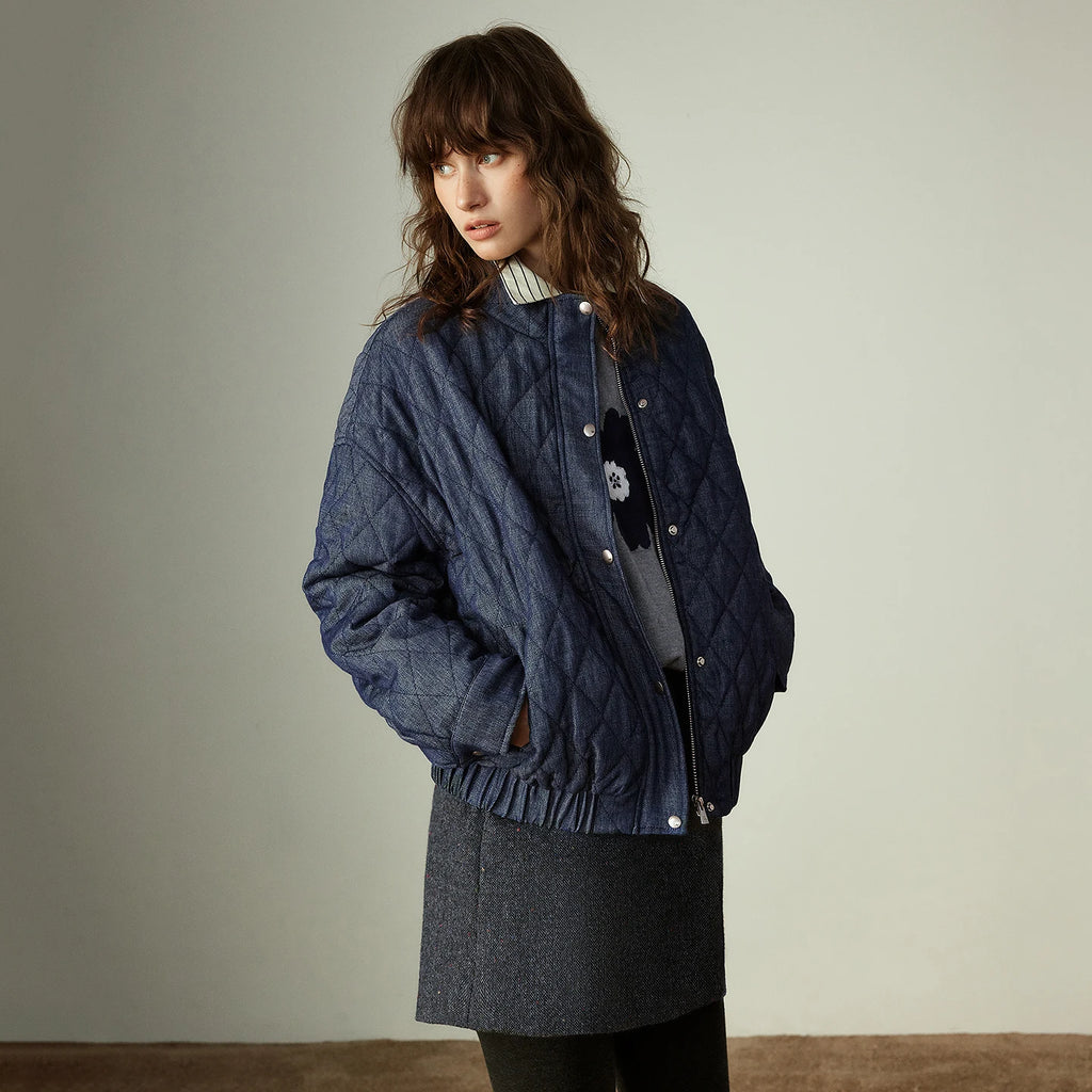 Women's Coat – Denim Effect, Diamond Pattern, Stand Collar