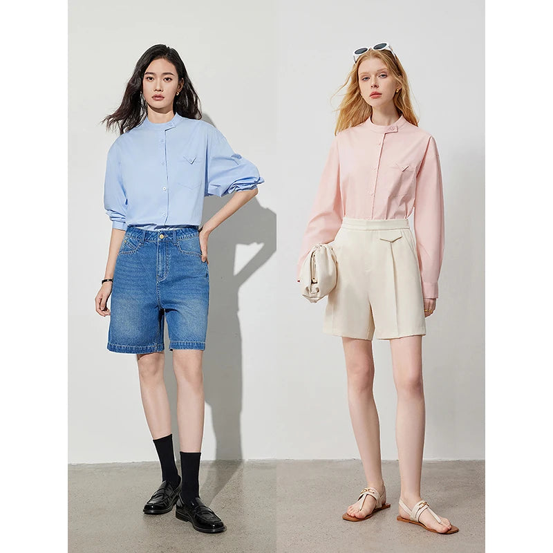 Chemise femme col montant avec poches