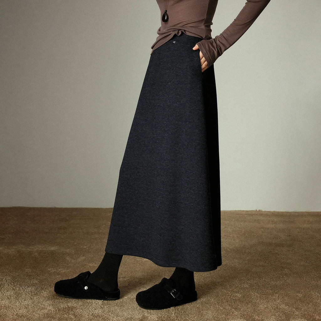 Jupe Midi Noire Femme – Taille Élastique, Coupe Évasée Parapluie, Laine & Acétate Élégante