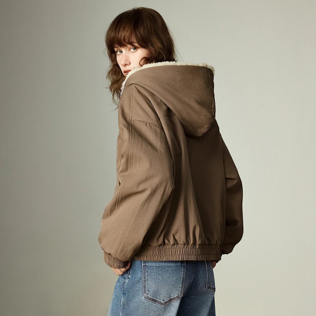 Veste Femme – Style Barn, Manteau en Coton Doublé, Capuche en Plush, Patchwork