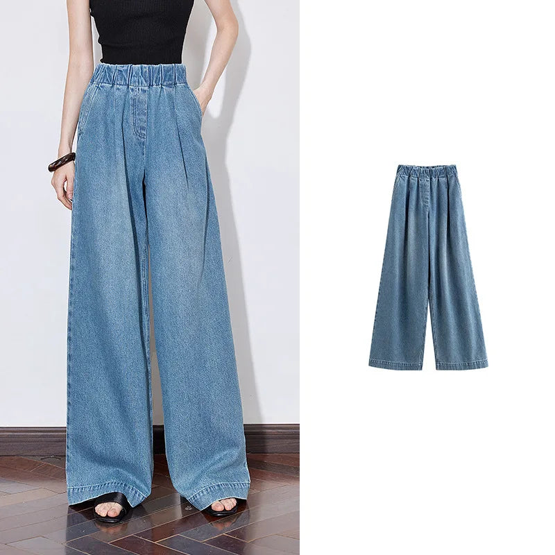 Jean femme taille élastique coupe droite large longueur longue
