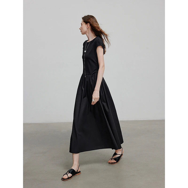 Women's mid-calf summer A-line dress with raglan sleeves, round neck, and pockets