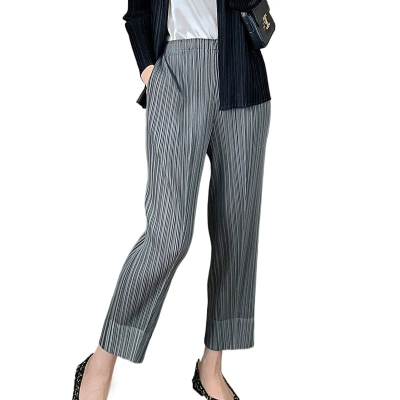 Miyake Pleated Straight Leg Pants, Women's Elastic Waist Cropped Pants, Casual and Versatile Small Leg Pants