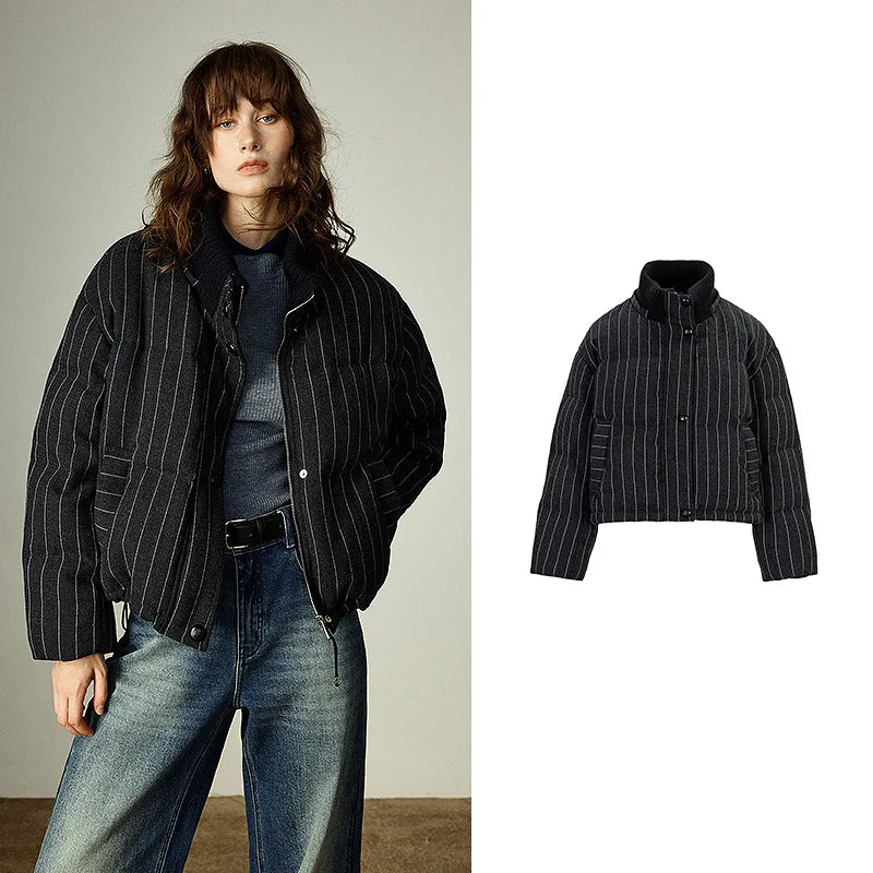 Women's Puffer Jacket - Feathers, Knitted High Collar, Stripes