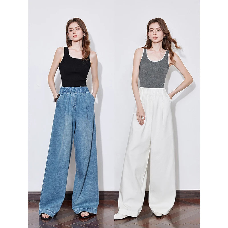 Jean femme taille élastique coupe droite large longueur longue