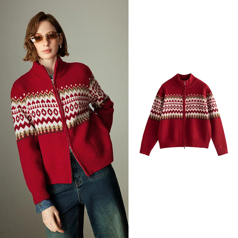 Damenpullover – Rollkragenpullover mit Reißverschluss, nordischer Vintage-Stil, dickes Fair-Isle-Jacquardmuster