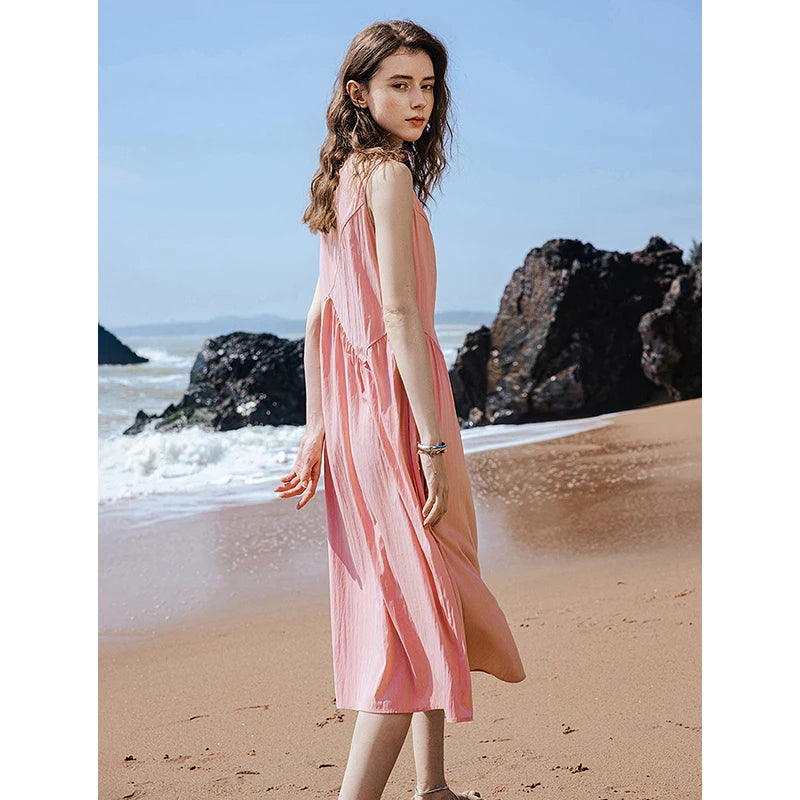 Damen-Midikleid, wadenlang, Sommer, Strandstil, A-Linie, ärmellos, Spaghettiträger