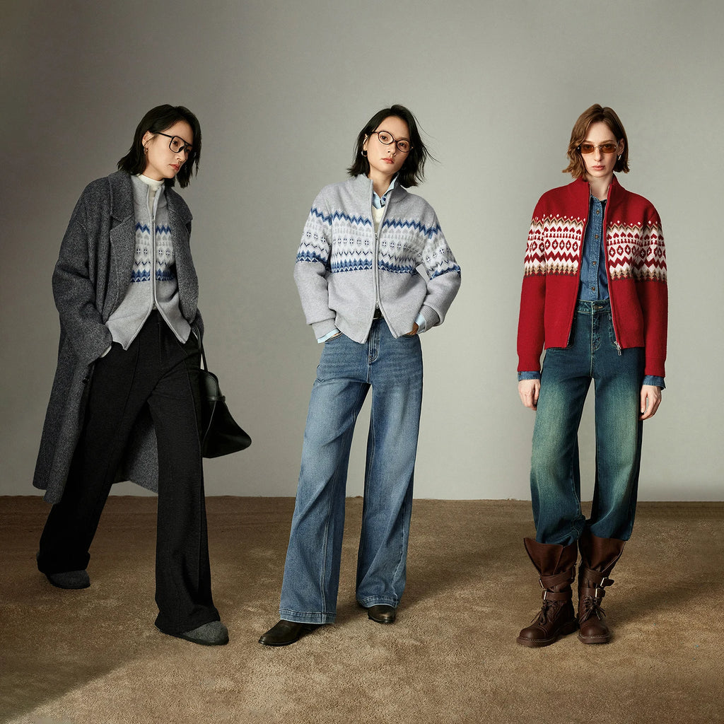 Damenpullover – Rollkragenpullover mit Reißverschluss, nordischer Vintage-Stil, dickes Fair-Isle-Jacquardmuster