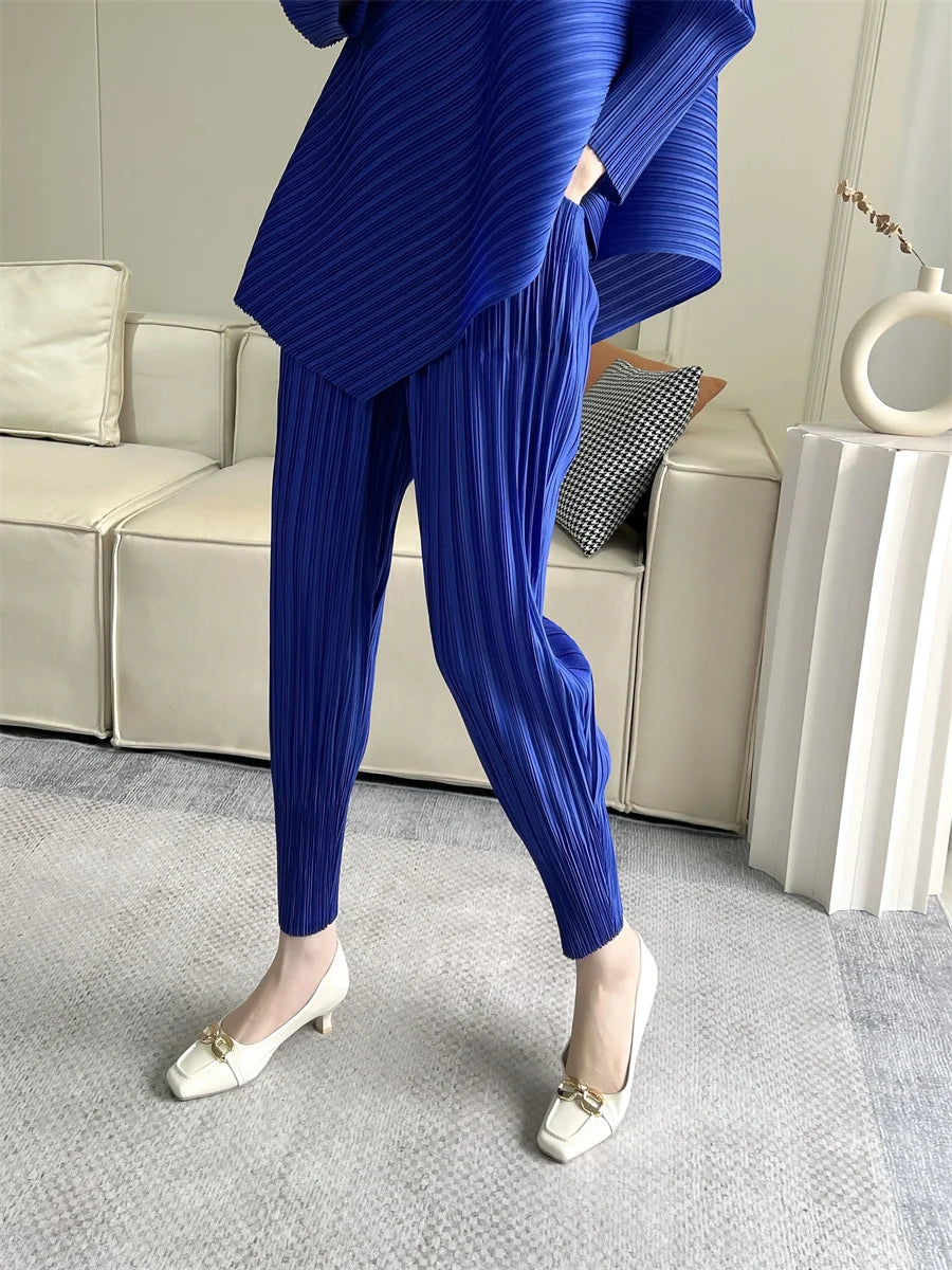 Miyake Pleated Pants Spring 2025 New Women's Solid Color Basic Elastic Waist Small Foot Radish Pants Casual And Comfortable