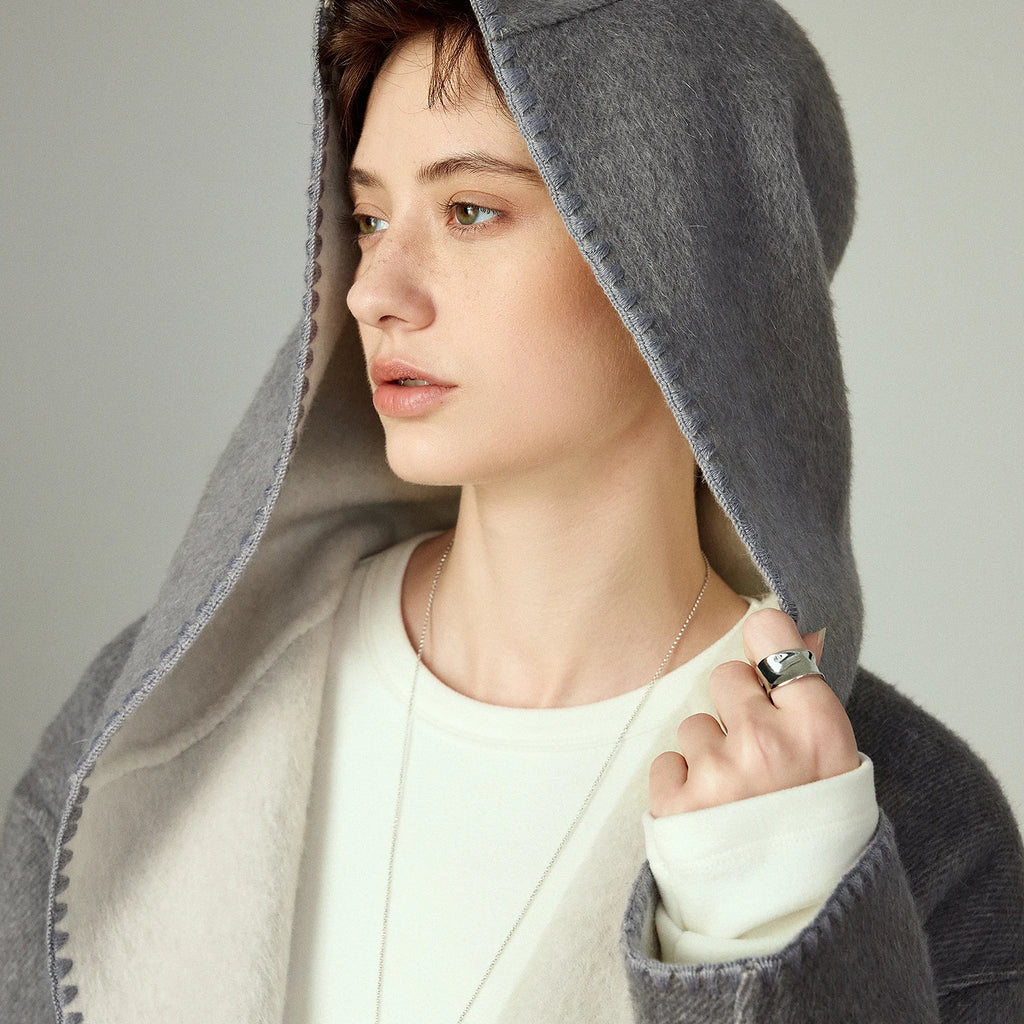 Women's Coat – Wool, Silk and Rabbit Fur Blend, Fitted Waist, Hooded, Reversible