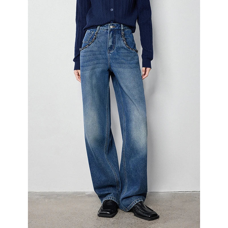 Jean femme taille haute coupe large motif tissé