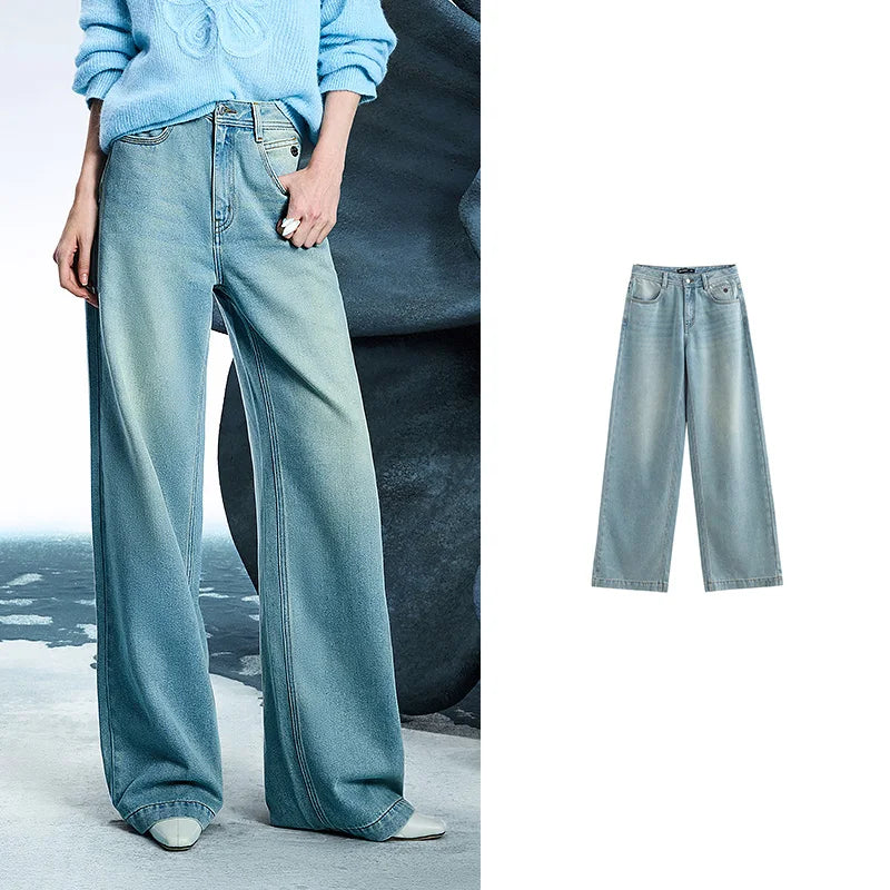 Jean femme taille mi-basse coupe droite large slim fit