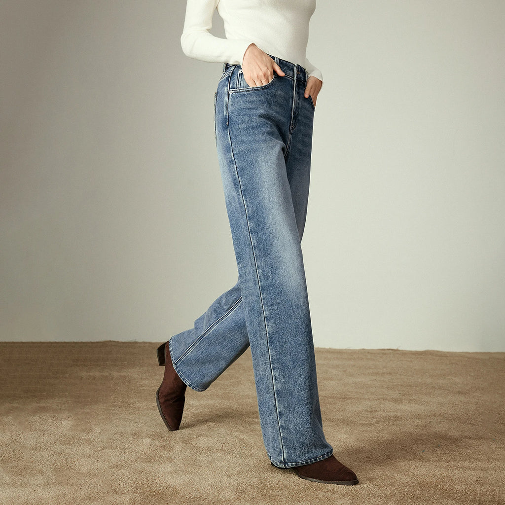 Damenjeans – Gerader Schnitt, gewaschener Vintage-Denim, Fleece-Futter und Lycra-Stretch