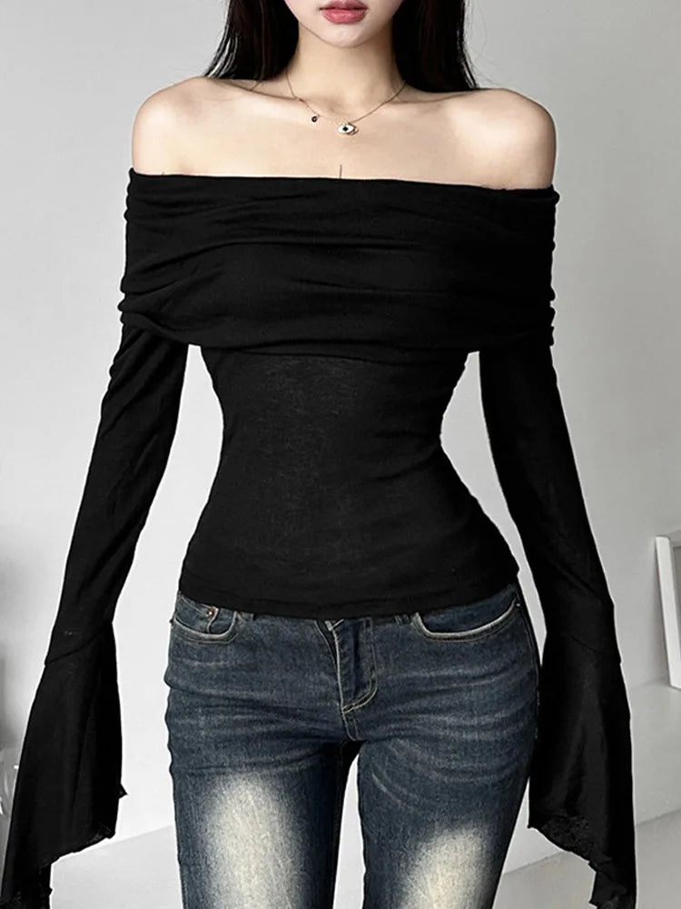 T-shirt Col Asymétrique, Manches Longues, Style Vintage Off-Shoulder