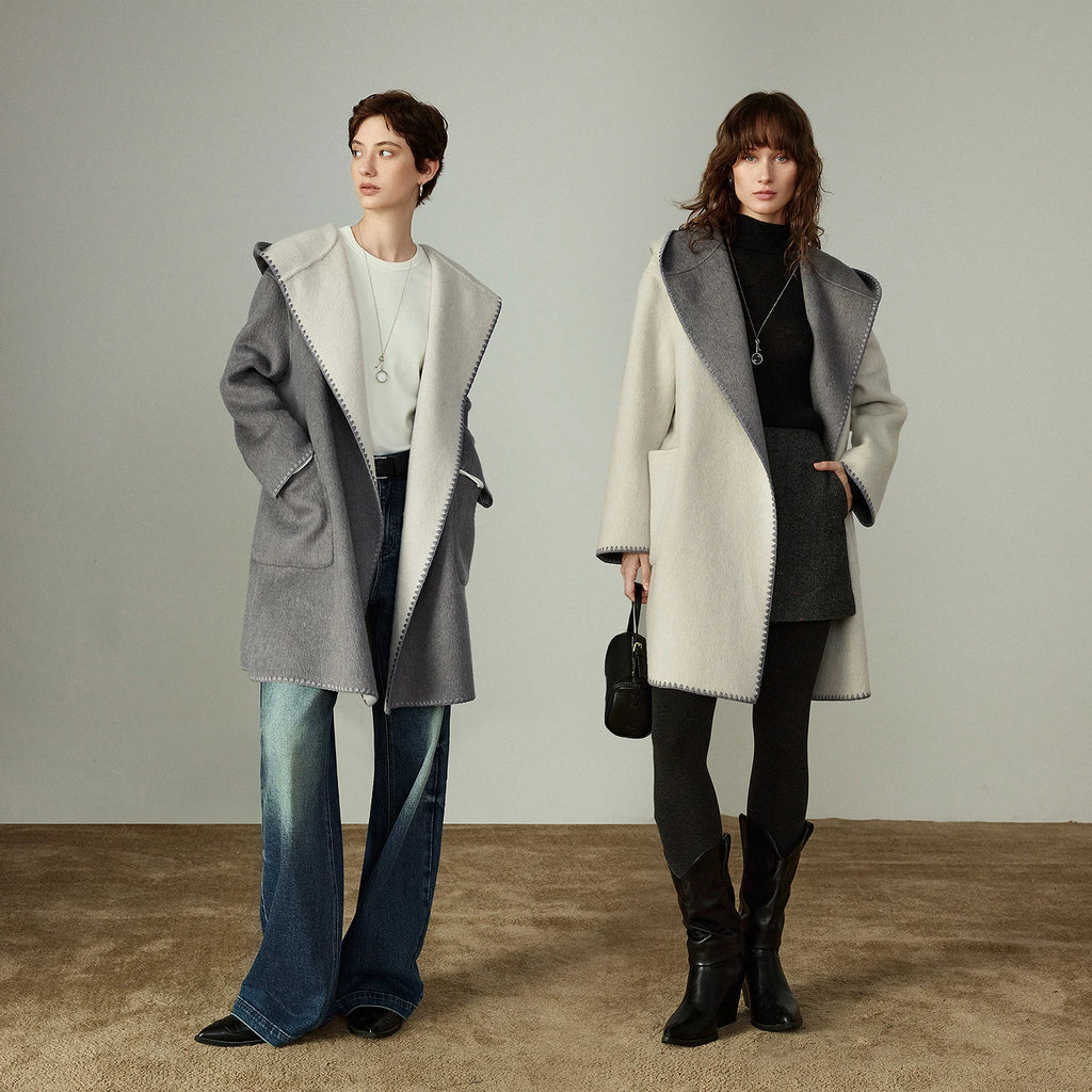 Women's Coat – Wool, Silk and Rabbit Fur Blend, Fitted Waist, Hooded, Reversible