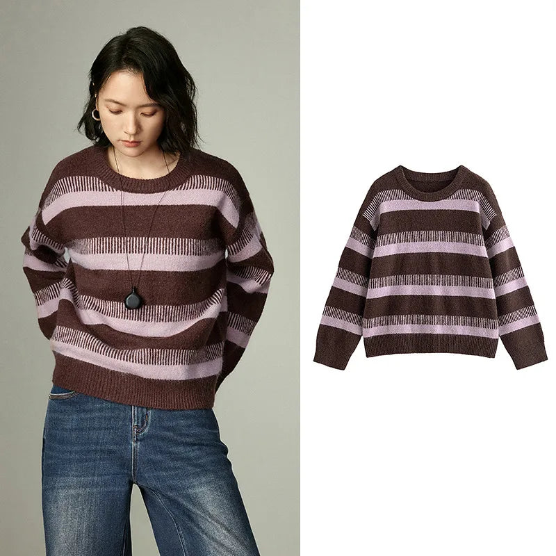 Pull Femme en Laine Mélangée – Col Rond, Rayures Cannelées, Coupe Loose Douce & Chaude