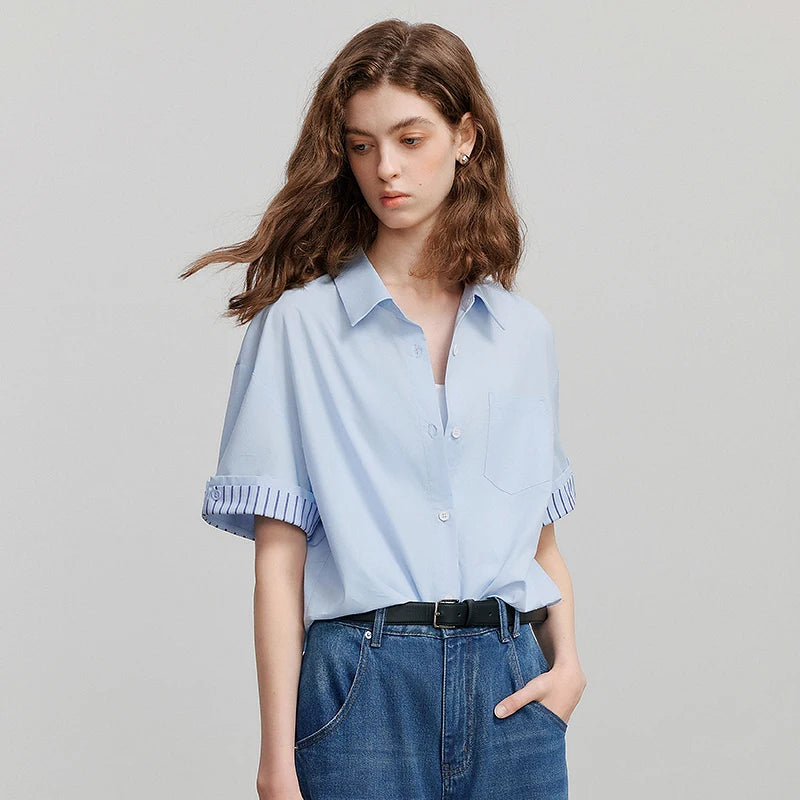 Damen-Patchworkhemd Kurzarm Klassischer Kragen