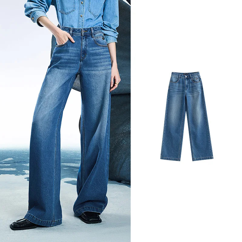 Jean femme taille mi-basse coupe droite large slim fit