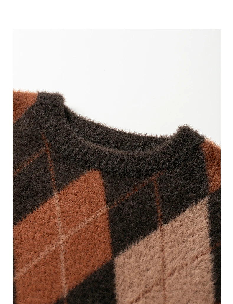 Pull Femme  – Style Nordique Argyle, Effet Mink, Col Rond