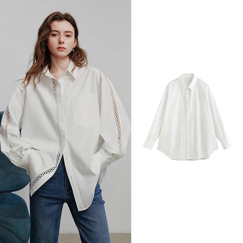 Women's blouse in openwork lace – shirt collar, long sleeves