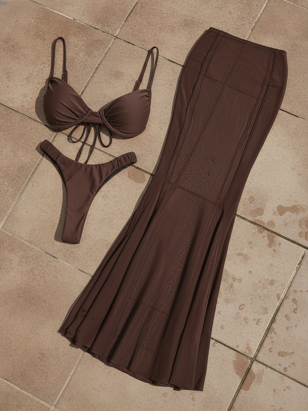Ensemble Bikini 3 Pièces à Froufrous avec Jupe Couvrante pour Plage et Soirée