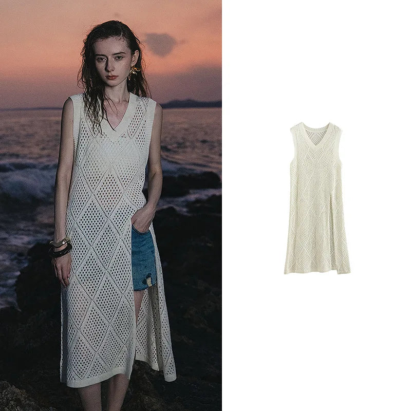 Robe femme mi‑mollet été A-Line sans manches col V ajourée