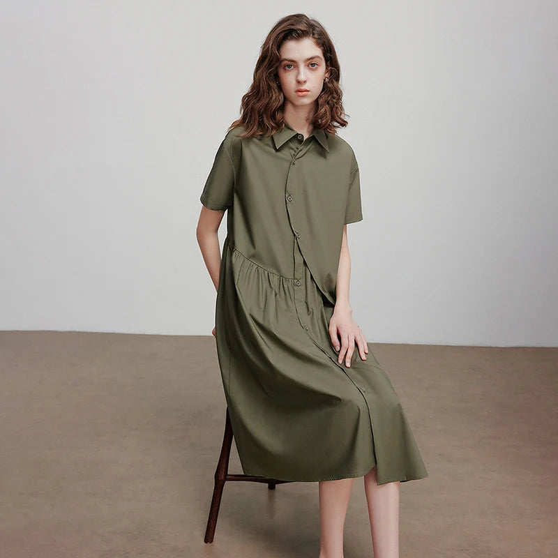 Robe femme mi‑mollet été A-Line manches courtes col chemise