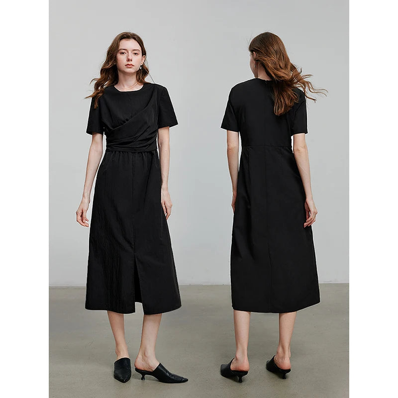 Robe femme mi‑mollet été A-Line manches courtes col rond