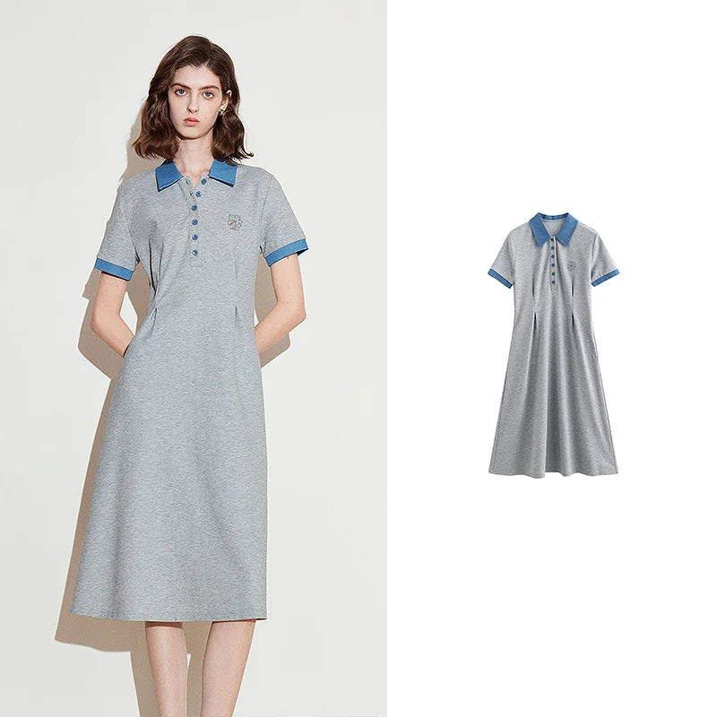 Women's mid-calf straight dress with floral embroidery and shirt collar