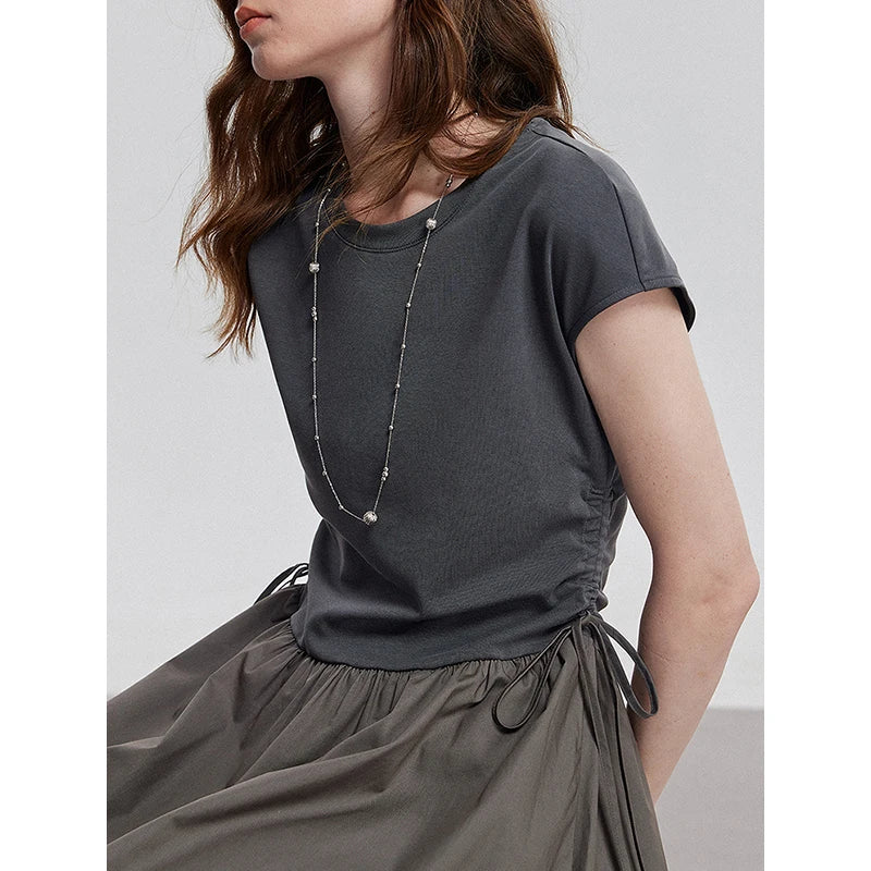 Women's mid-calf summer A-line dress with raglan sleeves, round neck, and pockets