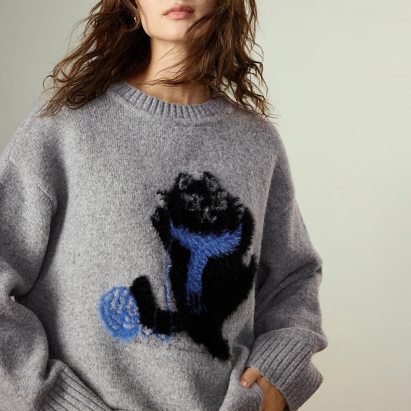 Pull Femme – Col Rond, Maille Épaisse Gris Clair, Motif Chat Jacquard, Velours Doux