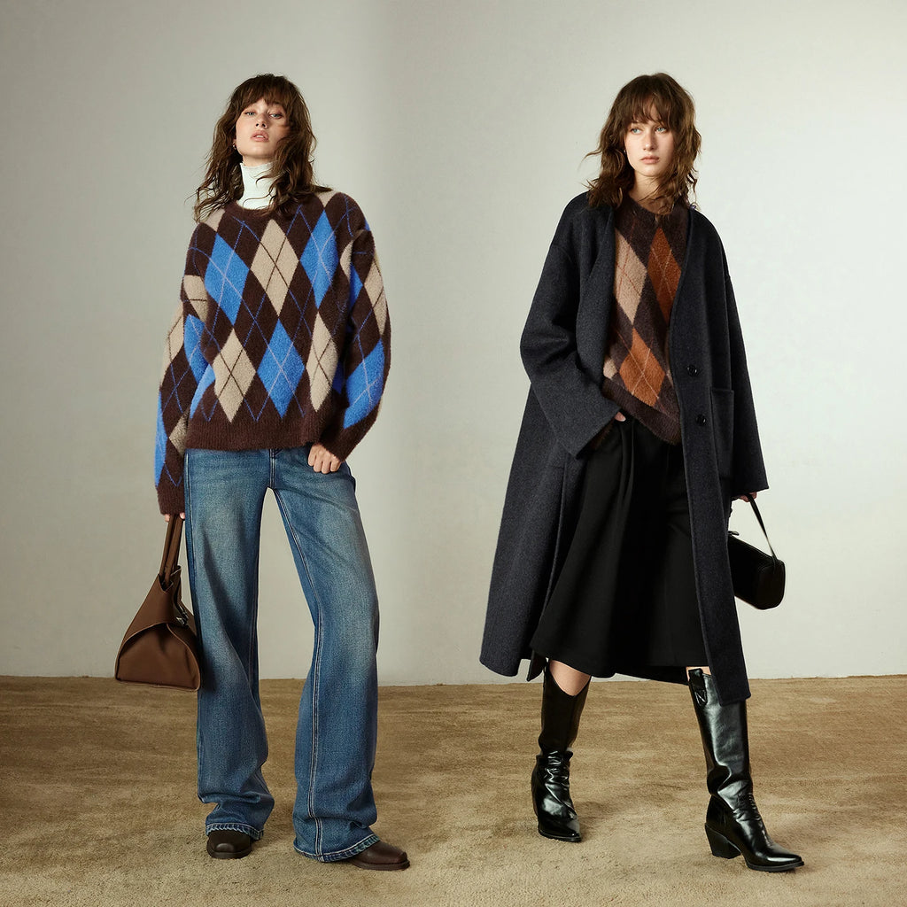 Pull Femme  – Style Nordique Argyle, Effet Mink, Col Rond
