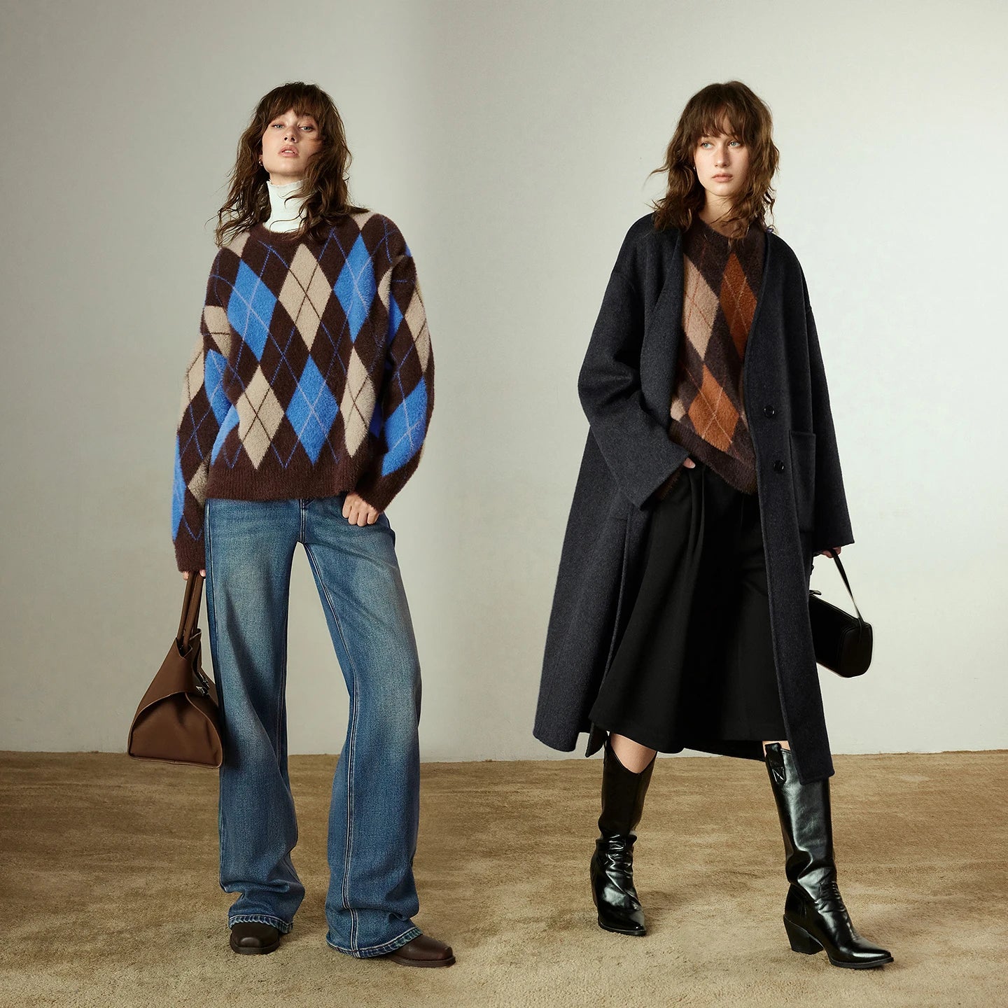 Pull Femme  – Style Nordique Argyle, Effet Mink, Col Rond