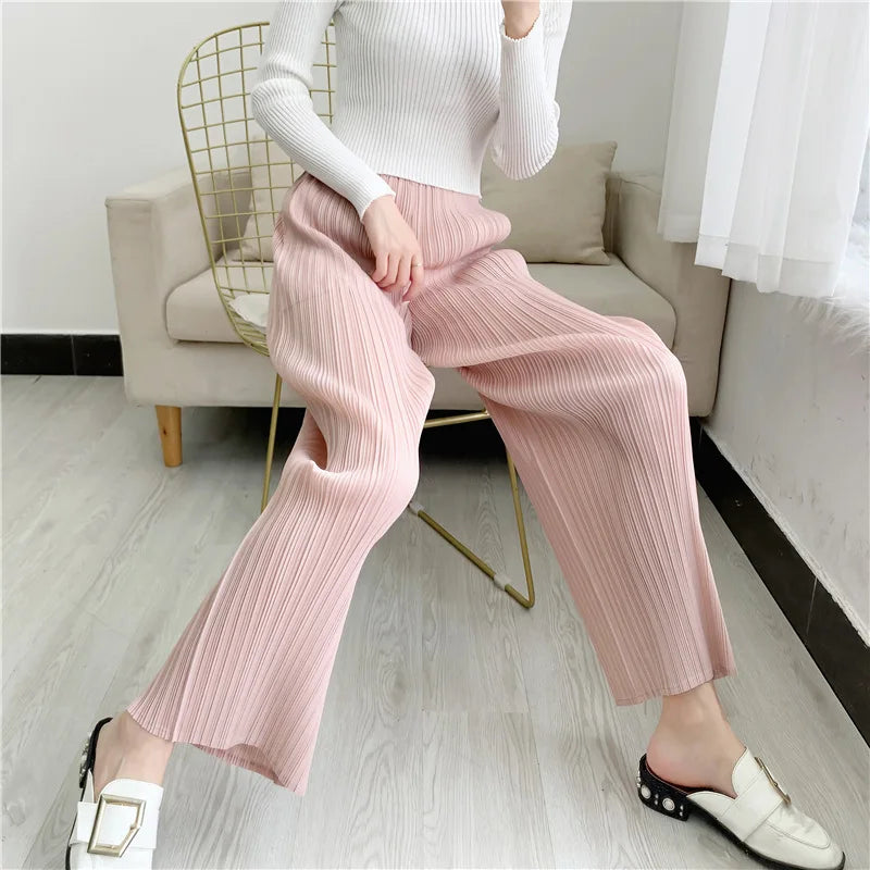 Miyake Pleated Straight Leg Pants, Women's Elastic Waist Cropped Pants, Casual and Versatile Small Leg Pants