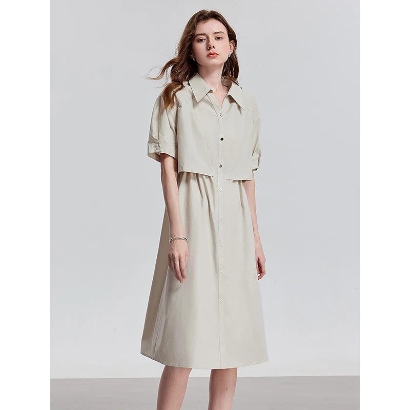 Robe femme mi-mollet été coupe ample col chemise boutonnée