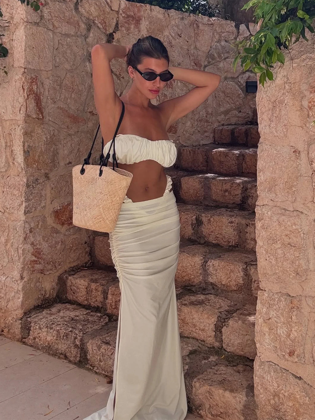 Bikini 3 Pièces à Bandeau Ruché Sans Bretelles Blanc - Ensemble Haute Coupe avec Jupe Maxi de Plage