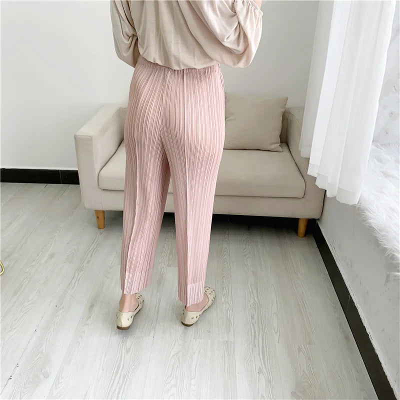 Miyake Pleated Straight Leg Pants, Women's Elastic Waist Cropped Pants, Casual and Versatile Small Leg Pants