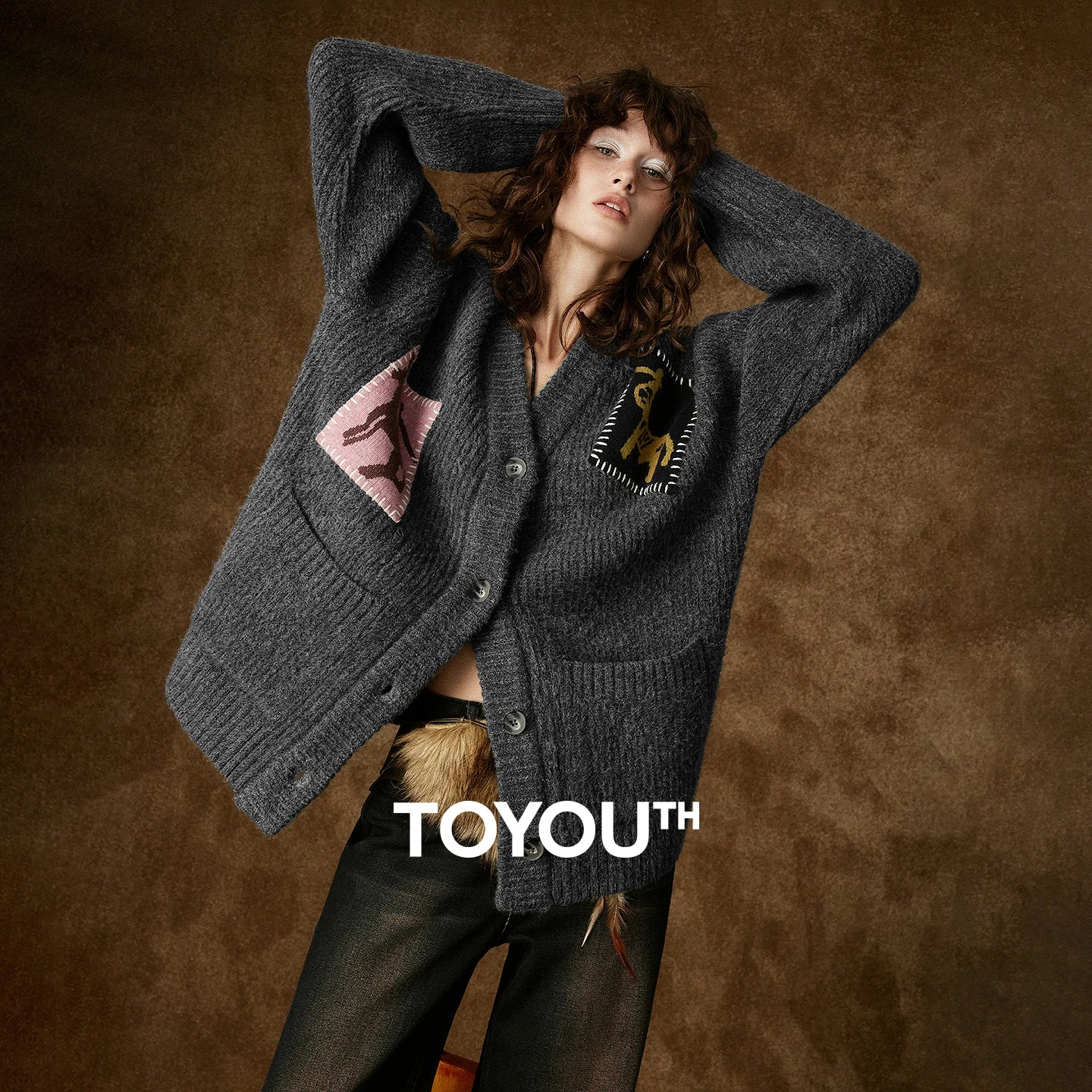 Cardigan Femme – Velours Fausse Vache, Motif Cheval, Coupe Loose Tricotée