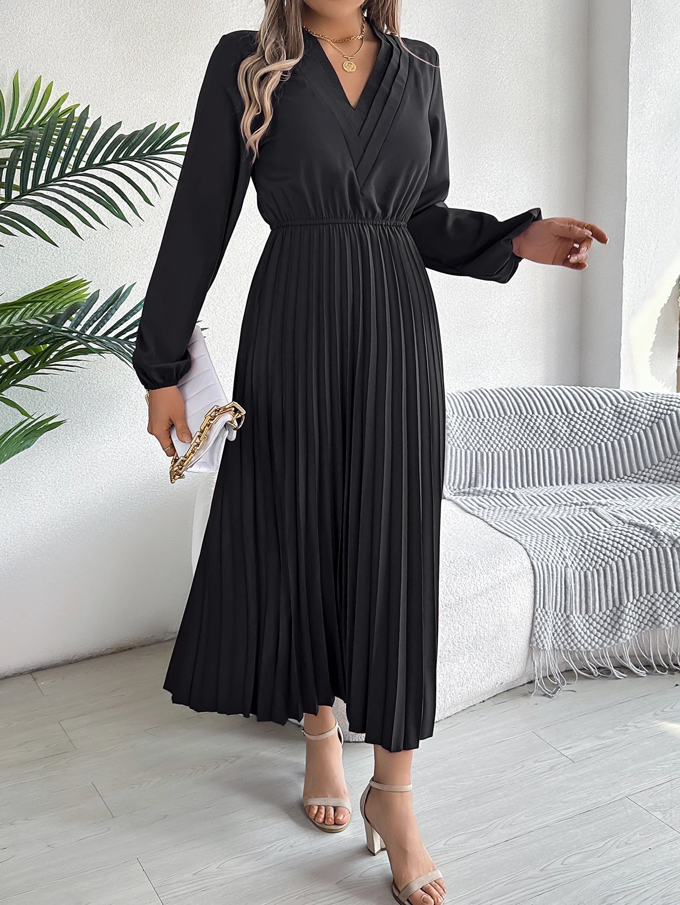 Robe Maxi Élégante pour Col V, Taille Haute, Plissée