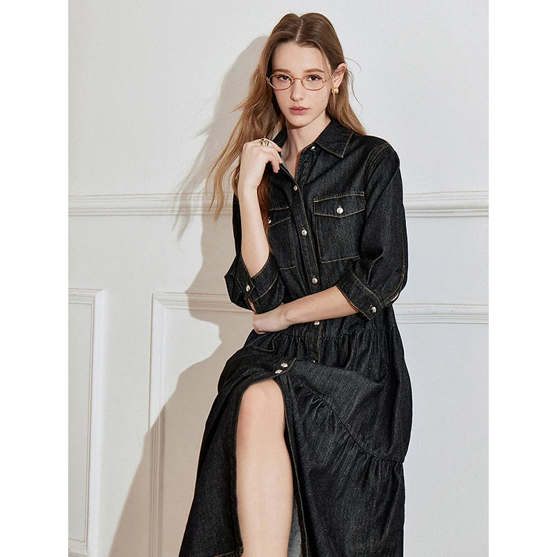 Robe femme mi-mollet été A-Line manches bouffantes col V avec poches