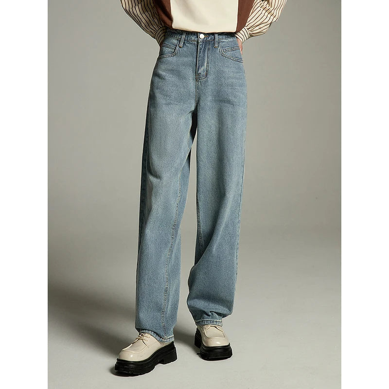 Jean femme taille haute coupe droite ample bleu clair