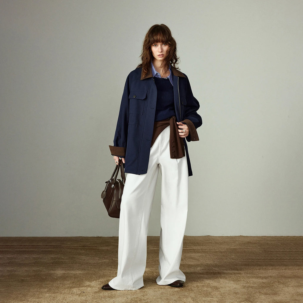 Veste Femme – Color-block Rétro, Col Revers, Taille Cinchée, Coupe Mi-longue Cargo